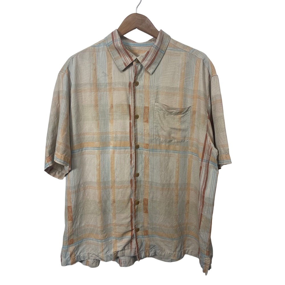 Tommy Bahama Mens XL Silk Short Sleeve Plaid Button Down Shirt Tan Orange Blue